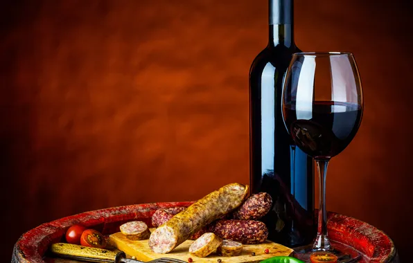 Picture wine, glass, vegetables, tomato, sausage, Wine, Vegetables, Sausage