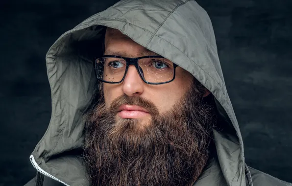 Glasses, Beard, drops of water, raincoat, windbreaker