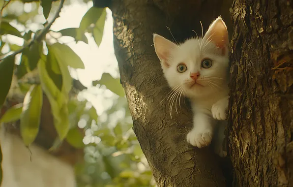 Cat, white, summer, look, leaves, light, nature, pose