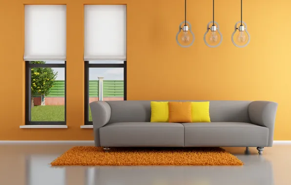 Orange, sofa, interior, pillow, window, orange, living room, window