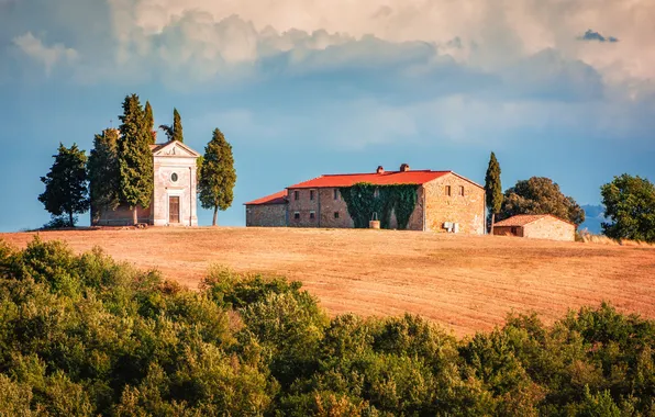 Field, the sky, clouds, light, the building, Italy, chapel, shrubs