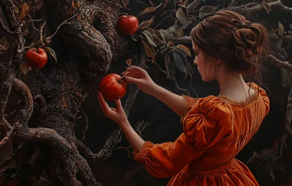 Leaves, girl, branches, the dark background, apples, Apple, picture, hands