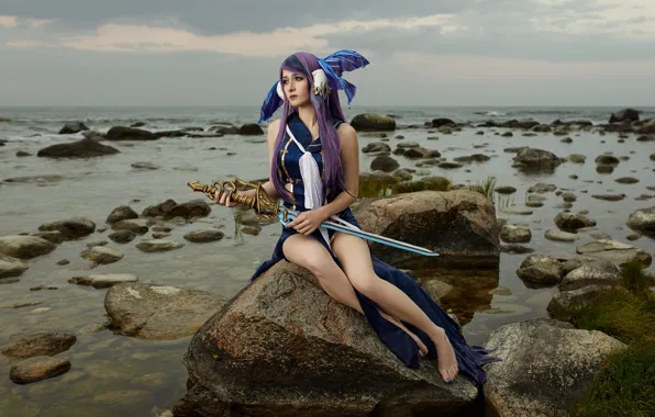 Lake, stones, sword, boulders, cosplay, cute girl, Little Mermaid, Mikhail Davydov