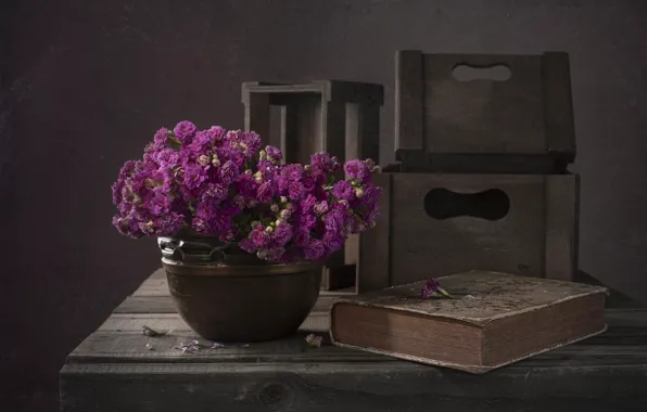 Flowers, the dark background, Board, bouquet, pot, book, boxes, pink