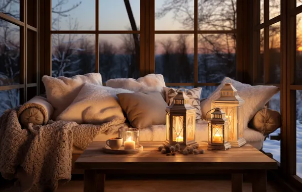Comfort, heat, room, furniture, interior, pillow, candles, Christmas