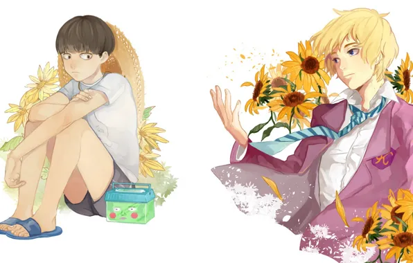 Sunflowers, flowers, anime, art, guys, Mob Psycho 100, Kageyama Shigeo, Mob psycho 100