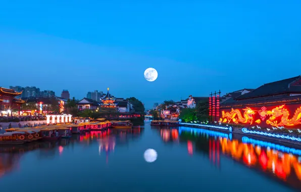 Lights, The moon, China, Nanjing, the Qinhuai river, the mid-autumn festival