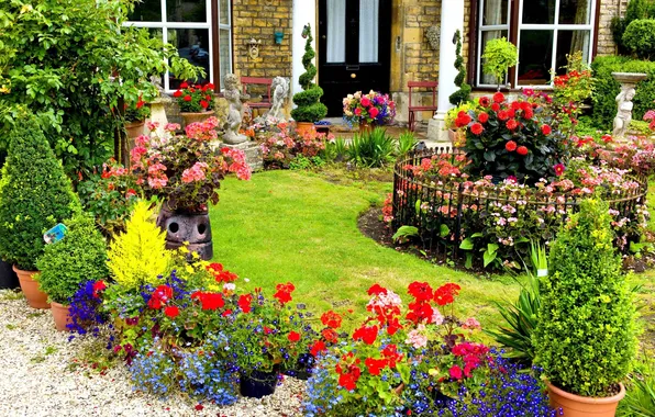 Flowers, nature, house, lawn, plants, garden, house, statues