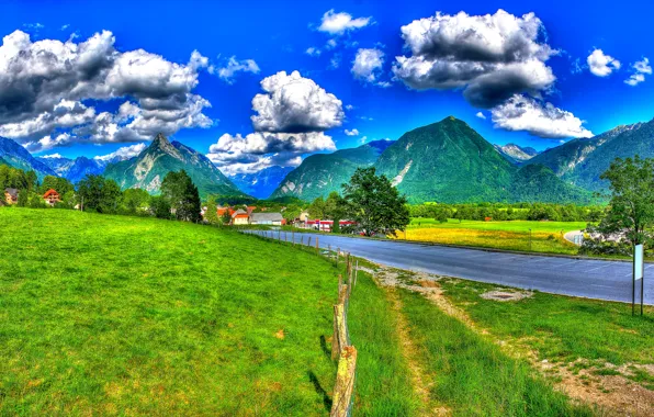 Road, grass, clouds, trees, mountains, the fence, field, HDR