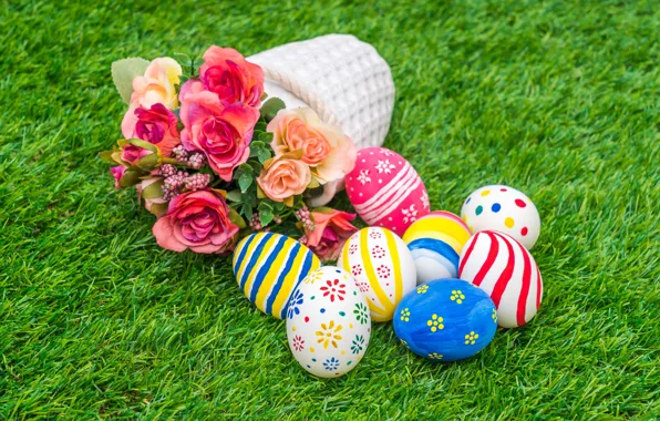 Picture flowers, holiday, basket, eggs, Easter, weed