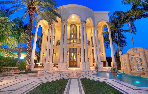 Design, palm trees, the evening, pool, mansion, facade, terrace, luxury villa