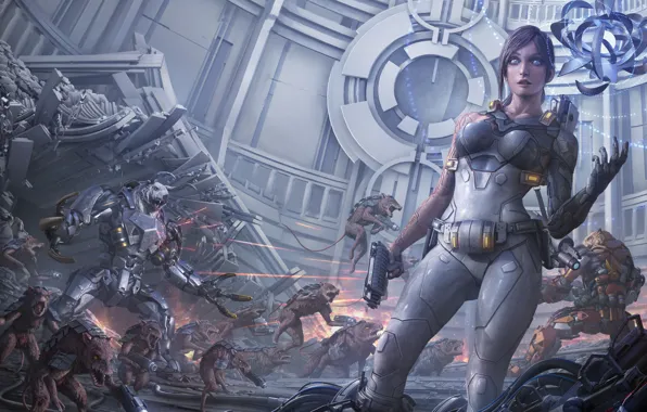 Girl, weapons, fiction, art, cyborg, rat, mutant