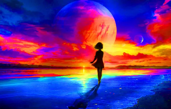 Sea, the sky, girl, planet, fantasy