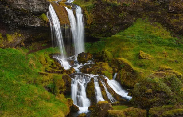 Waterfall, moss, Iceland, Iceland, Grundarfjordur, Grundarfjordur