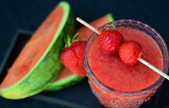 Glass, berries, the dark background, glass, watermelon, strawberry, juice, cocktail