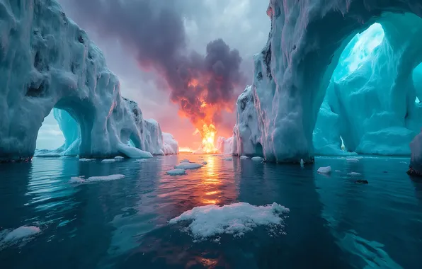 Winter, snow, fire, flame, smoke, ice, ice, arch