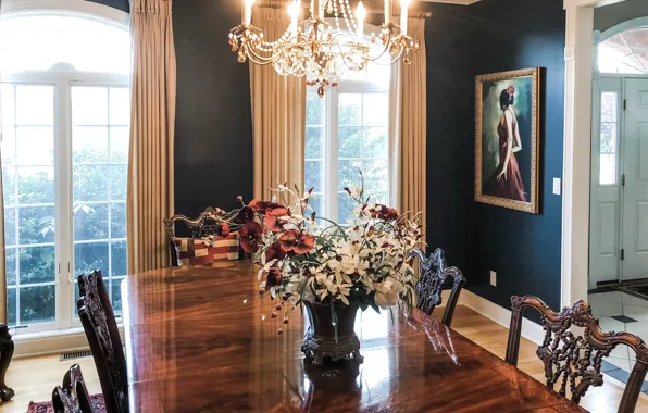 Flowers, room, interior, picture, chandelier, vase, dining room