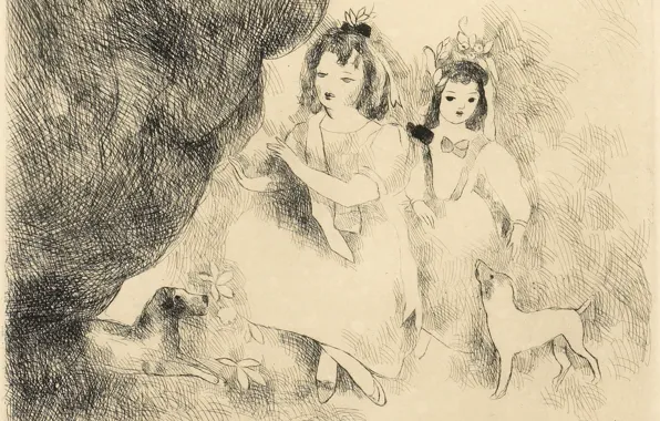 Picture flowers, girls, dogs, Modern, etching, Marie Laurencin, Baby lock