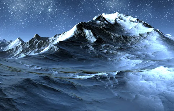 Stars, snow, landscape, mountains, rocks, 3200х1200