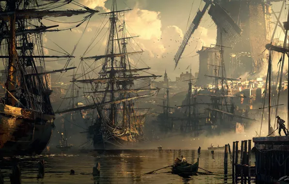 Boat, ships, port, mill, harbour