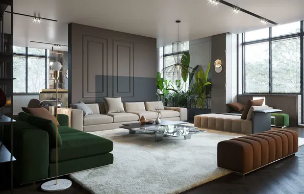 Design, style, lamp, room, interior, plants, upholstered furniture, spacious living room