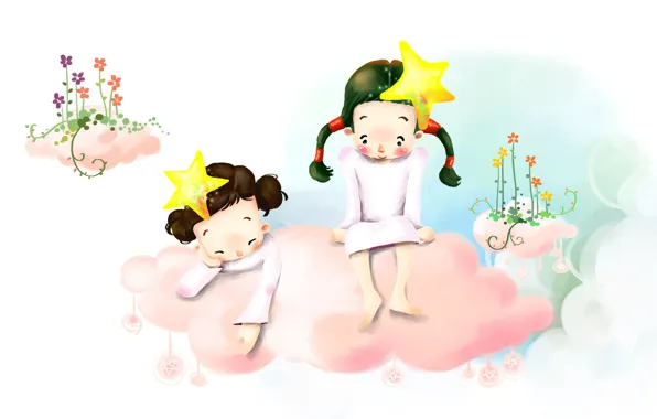 Flowers, children, figure, stars, barefoot, cloud, braids