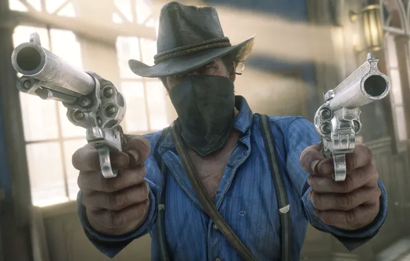 Hat, weapons, Rockstar, Bandit, Red Dead Redemption 2, Arthur Morgan, robbery