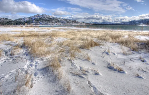 Picture winter, grass, snow, mountains, lake, hills