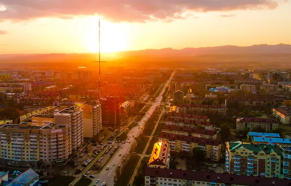 Picture city, sunset, view, houses, yuzhno-Sakhalinsk