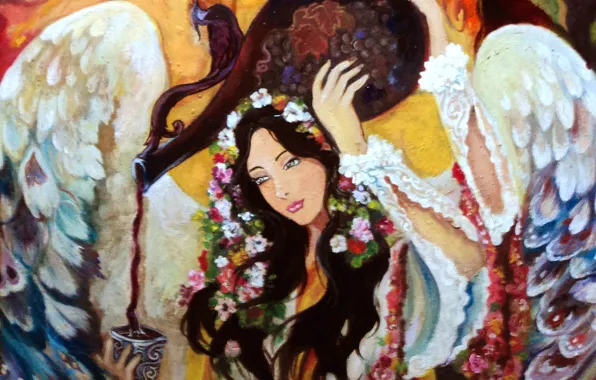 Wallpaper look, girl, flowers, face, hair, wings, angel, hands for ...