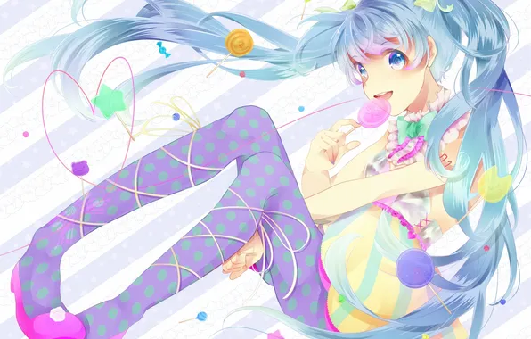 Picture girl, art, candy, sweets, bows, vocaloid, hatsune miku, krone1