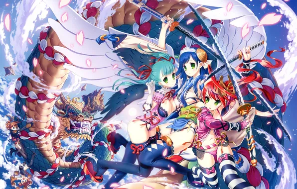 Girl, dragon, wings, sword, fantasy, art, itou ben