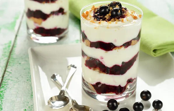 Picture blueberries, cream, dessert, bowl