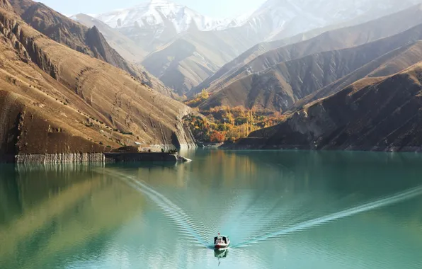 Picture forest, water, mountains, Boat, Bay