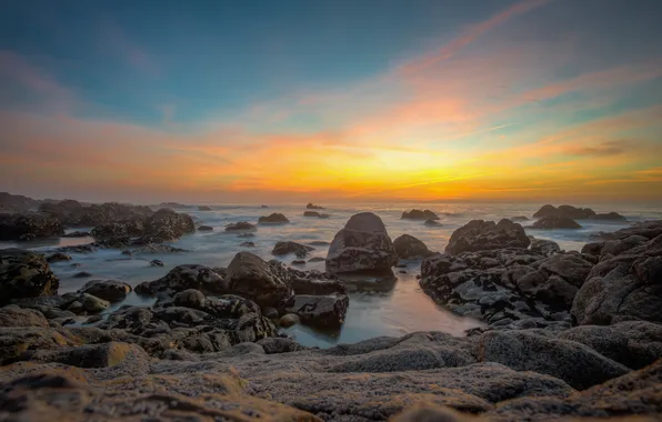 Picture beach, stones, the ocean, dawn, Portugal, Porto