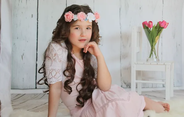 Picture smile, bouquet, hands, girl, tulips, sitting, wreath