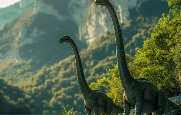 Water, Mountains, Trees, River, Two, Animals, Digital art, Dinosaurs