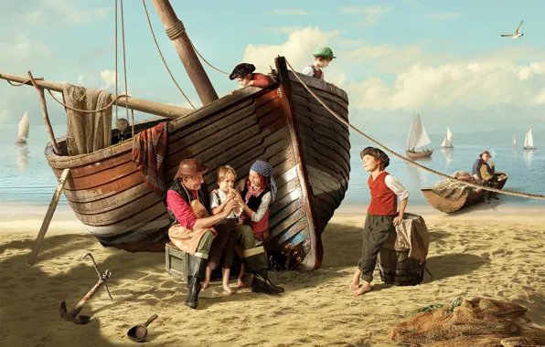Sand, sea, children, coast, boats, Barkas, Dmitry Yanin, the old fisherman