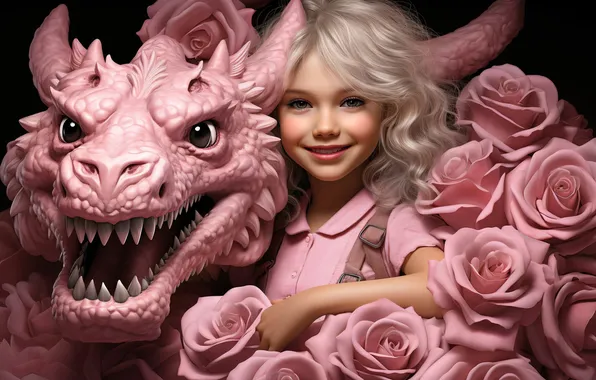 Picture girl, pink, dragon