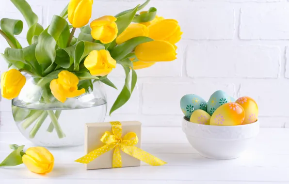 Holiday, gift, Easter, tulips, vase, composition, egg, Irinka Vasilinka