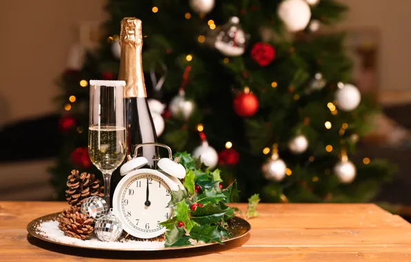 Balls, watch, bottle, alarm clock, New year, tree, champagne, bumps