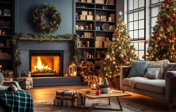 Comfort, house, heat, room, fire, flame, interior, Christmas