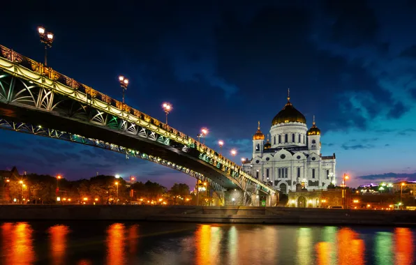 Picture sunset, lights, reflection, river, Moscow, Russia, The Cathedral Of Christ The Savior, The Patriarchal bridge