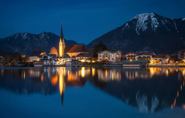 Mountains, lake, reflection, building, home, Germany, Bayern, Church