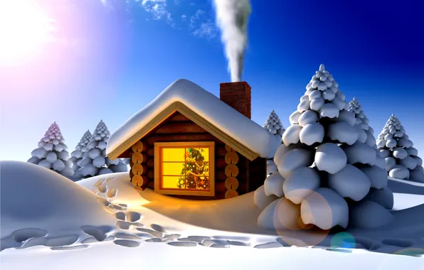 Picture House, Christmas, Winter, Tree, Snow, Smoke, Window, Festive