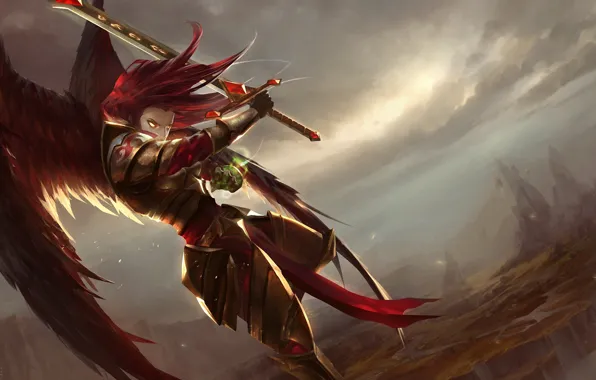 Wings, sword, art, guy, in the sky, league of legends, kayle, cabalfan