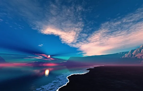 Picture sea, color, the sun, clouds, rocks, dawn, shore