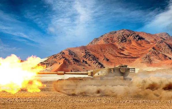 Picture sand, the sky, mountains, desert, shot, art, tanks, WoT