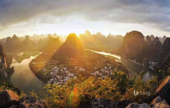 Picture mountains, the city, rocks, home, China, Guangxi, Xingping, the river Lee