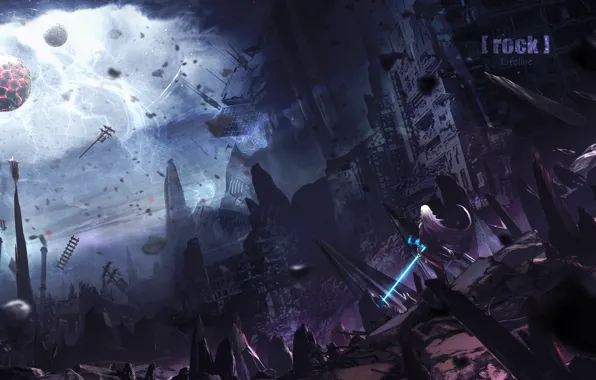 The sky, girl, fiction, balls, zipper, sword, ruins